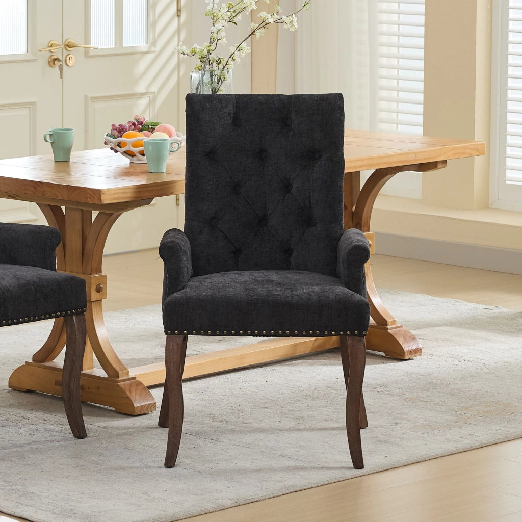 Sedia da pranzo, venduta singolarmente, tessuto chenille, gambe in legno massello, con braccioli, nero