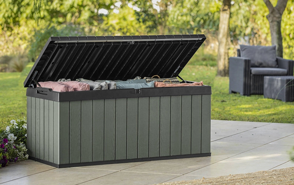 Cassapanca outdoor Montmagny, Baule da giardino, Contenitore da esterno, Panchina contenitore da esterno, 143x65 h64 cm, Verde