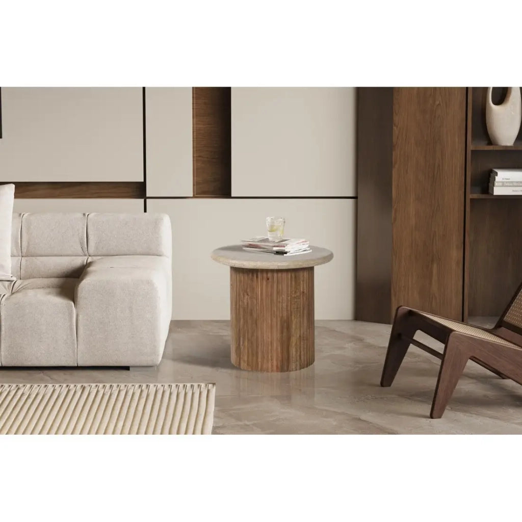 Tavolino MAELORA – Tavolino rotondo Ø50 cm – Legno di mango & travertino – Design naturale ed elegante