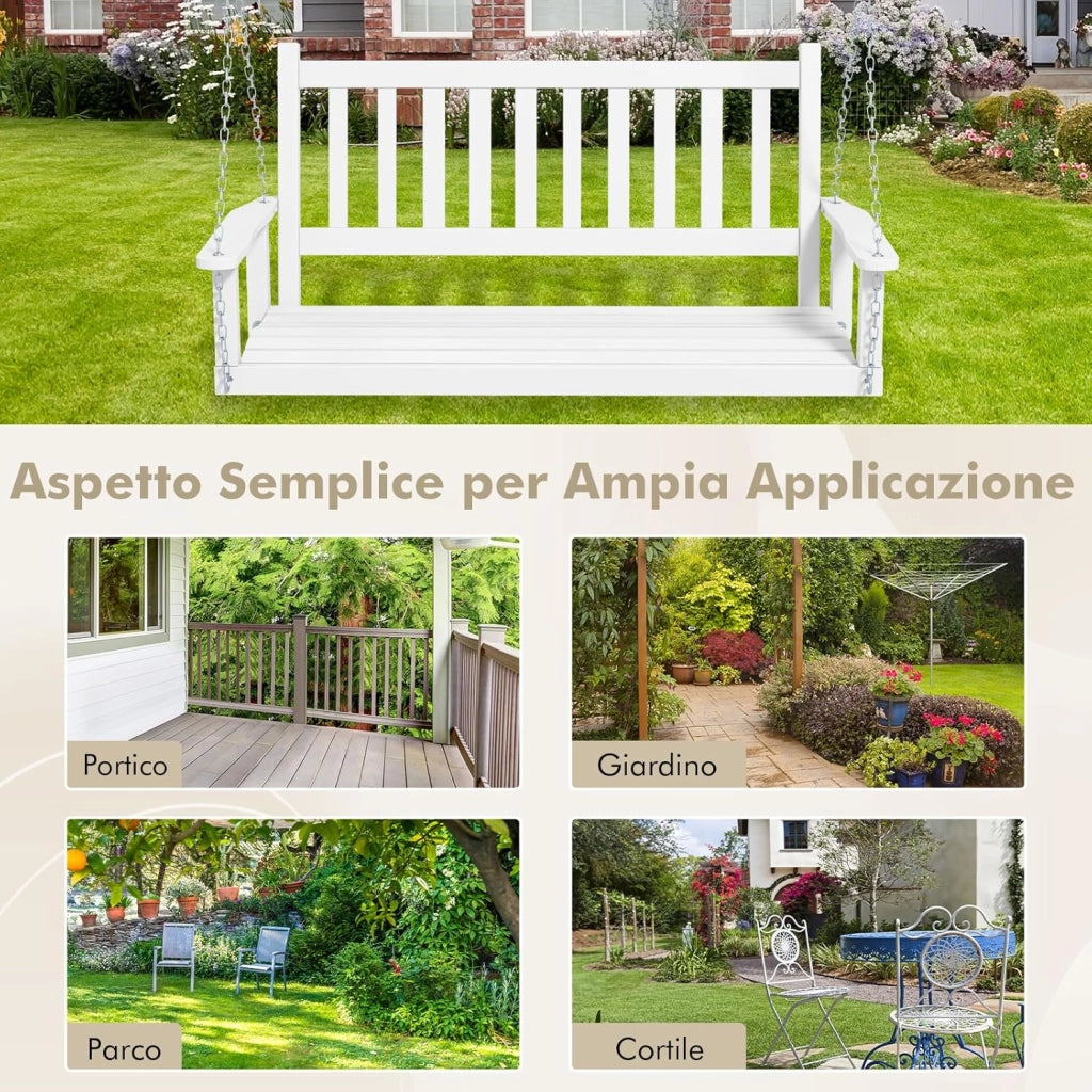 Altalena da Giardino in Legno per 2 Persone, Panchina Sospese in Legno con Capacità di Peso di 230 kg, Sedia a Dondolo per Giardino, Cortile (Bianco, 136 x 67 x 63 cm)