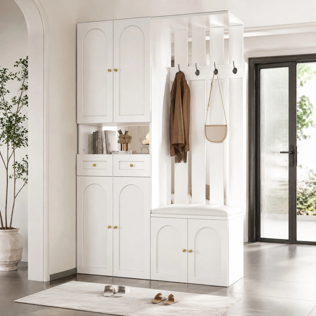 Set mobili ingresso con panca; scarpiera e appendiabiti; 6 ante; 2 cassetti; 4 ganci; bianco 110x37x180 cm HOMVRA