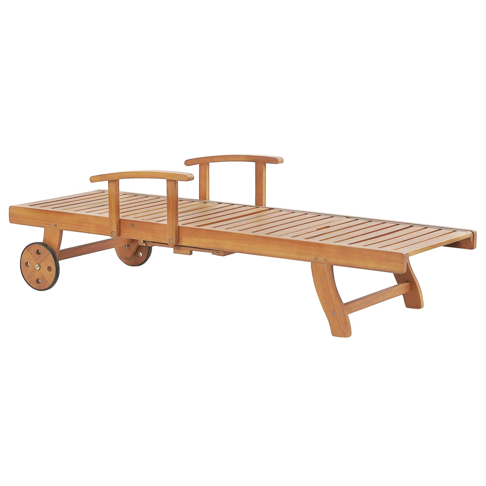 Lettino Prendisole Regolabile con Ruote Legno Acacia e Cuscino beige chiaro resistente agli agenti atmosferici reclinabile con ruote