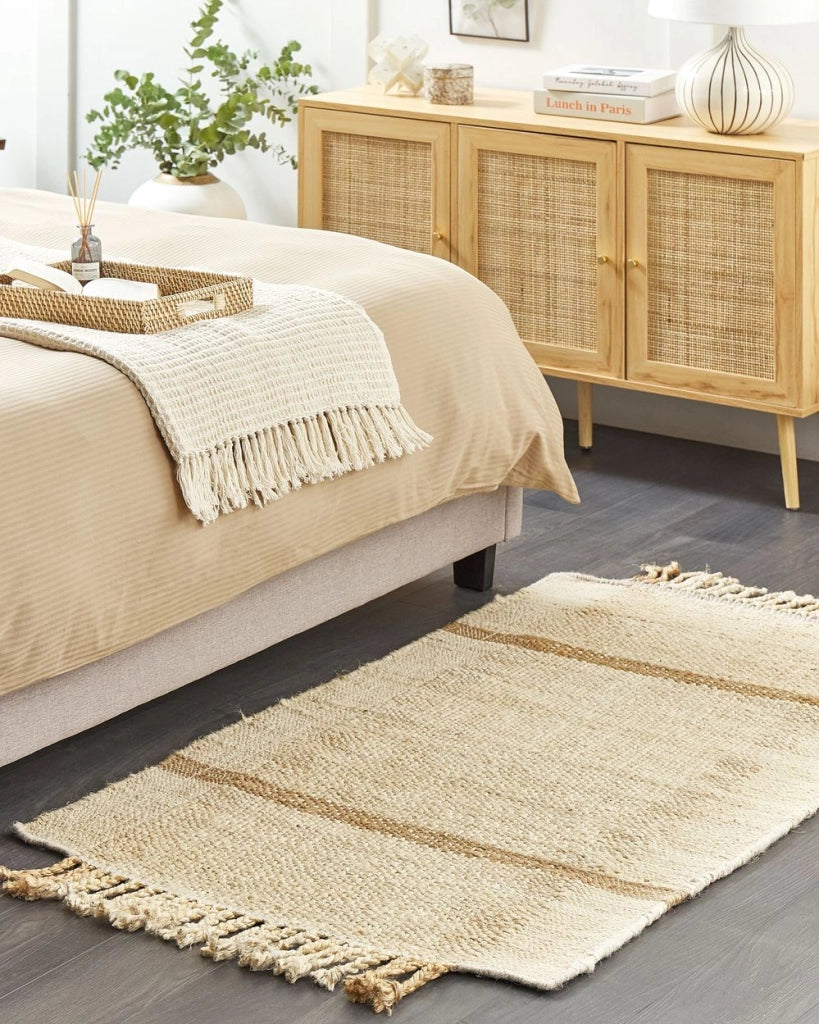 Tappeto juta beige 80 x 150 cm con nappe motivo geometrico intrecciato fatto a mano stile boho per soggiorno camera da letto
