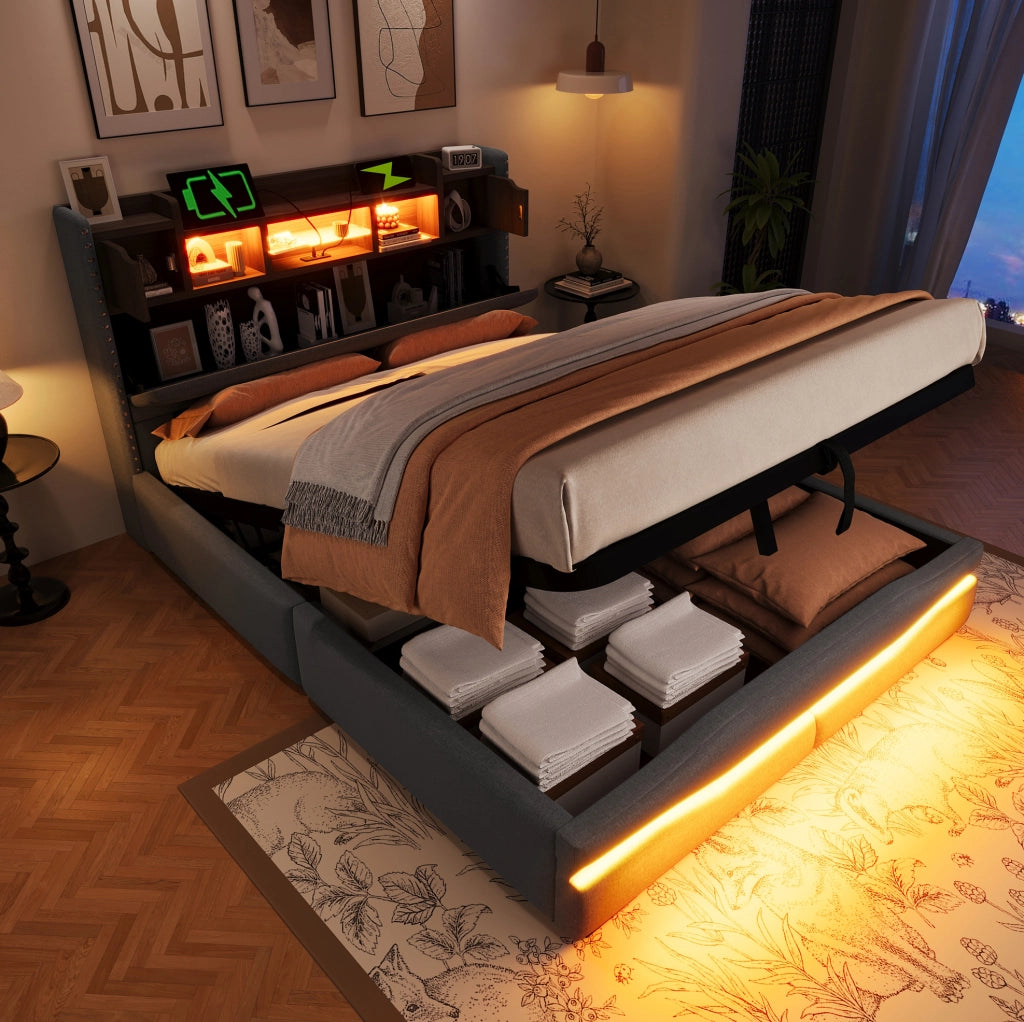 Letto imbottito 140x200 cm con contenitore idraulico, illuminazione LED e presa USB, grigio