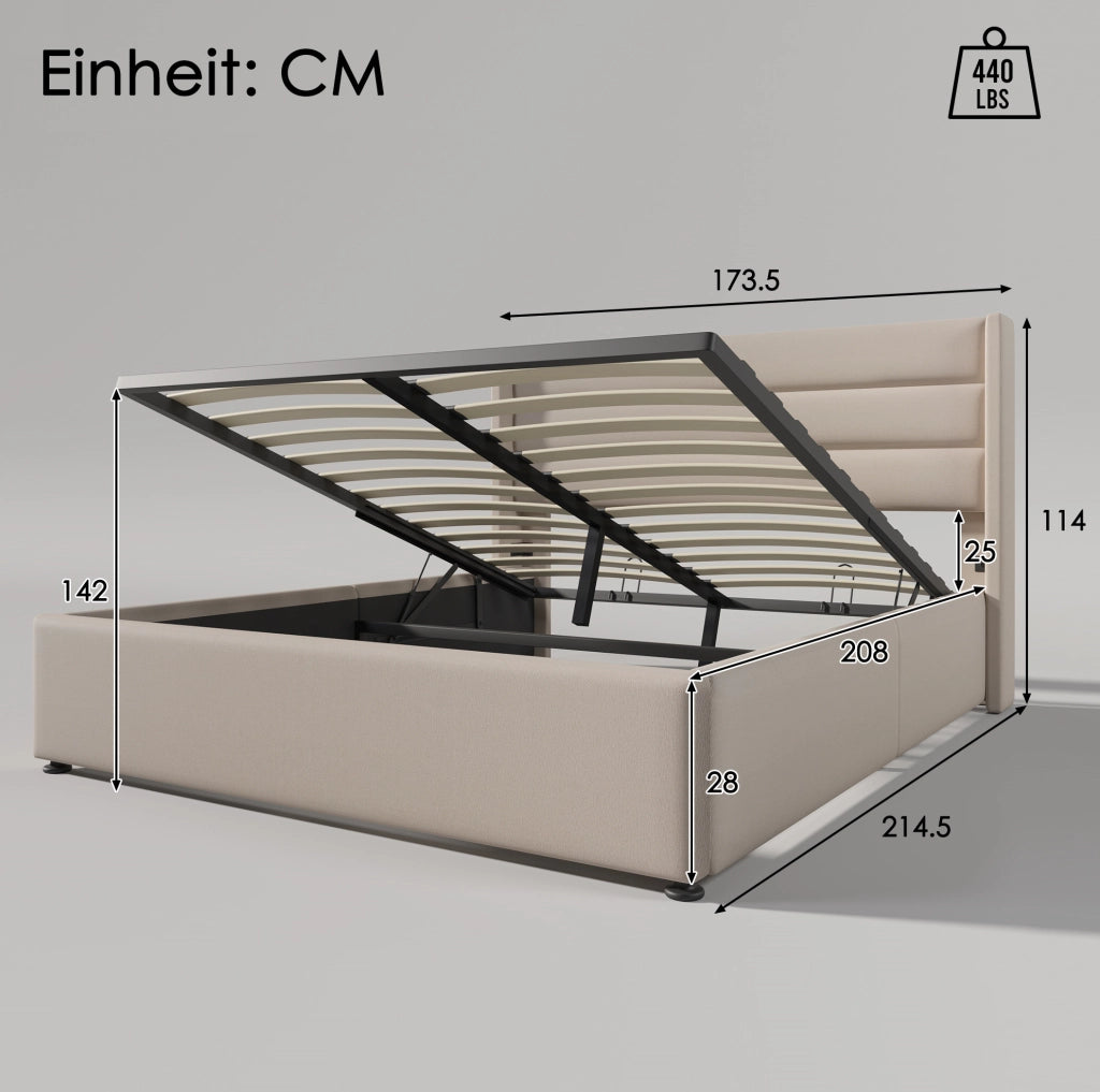 Letto matrimoniale contenitore 160x200 cm con testiera imbottita in lino; beige