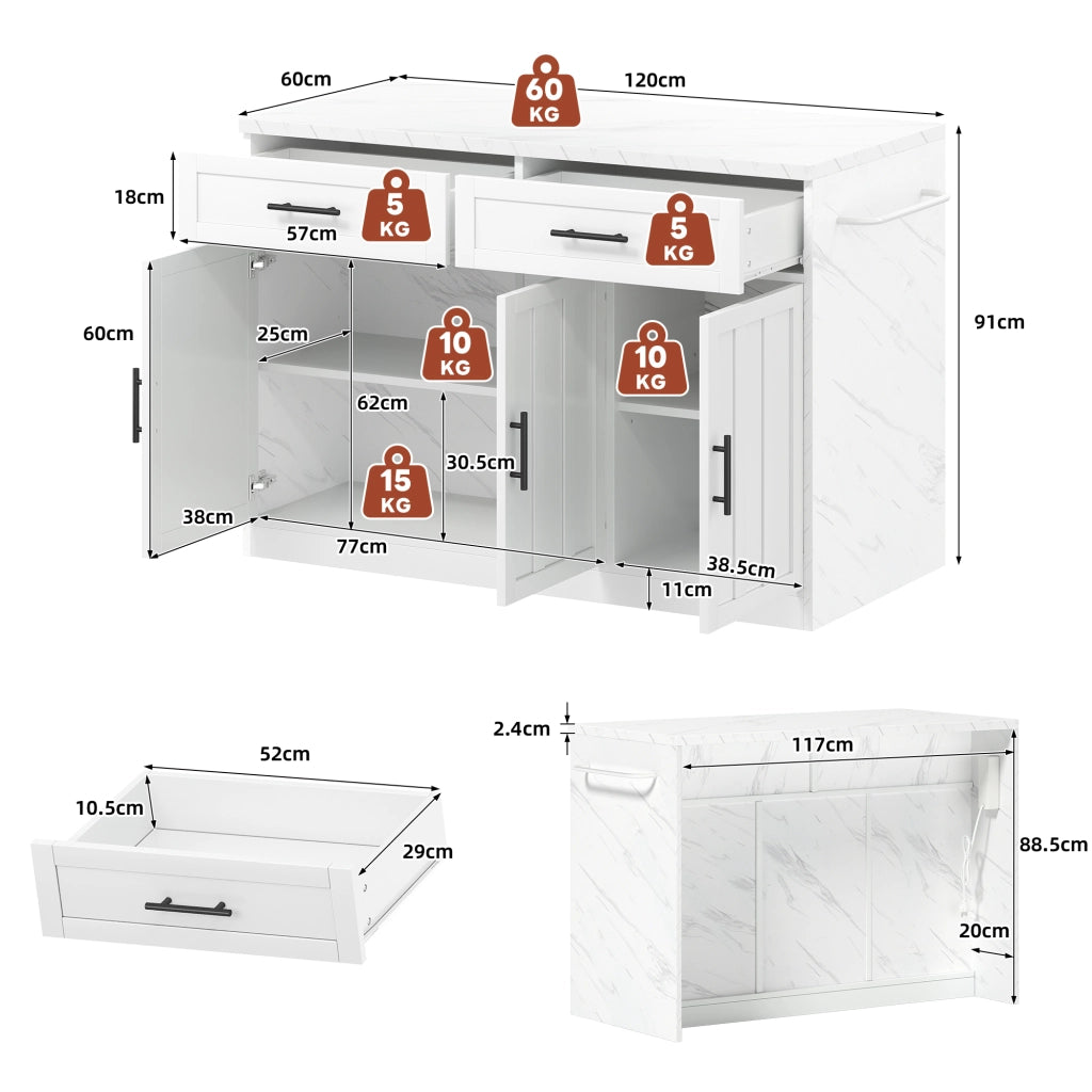 Isola da cucina con 3 ante; 2 cassetti; ripiani regolabili; prese e USB; portaasciugamani; 120 x 60 x 91 cm