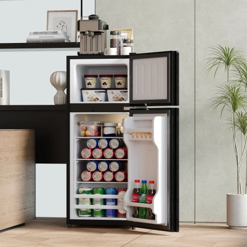 Mini frigorifero con congelatore; indipendente; volume totale 92L; congelatore da 28L; porta di vetro; illuminazione LED; basso rumore; mensole rimovibili in vetro; nero