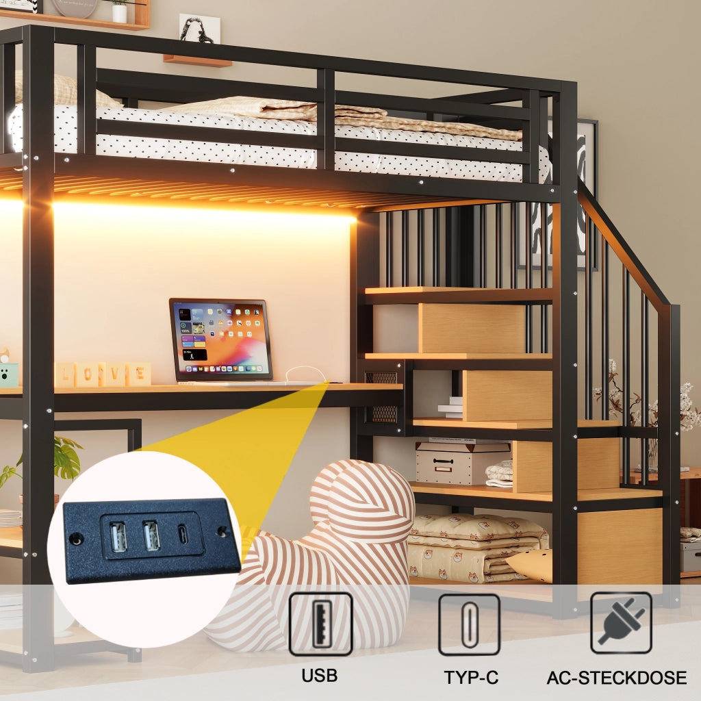 Letto a soppalco 90 × 200 cm con scrivania, ripiani, scala contenitore et barriera di sicurezza, senza materasso, in metallo, nero