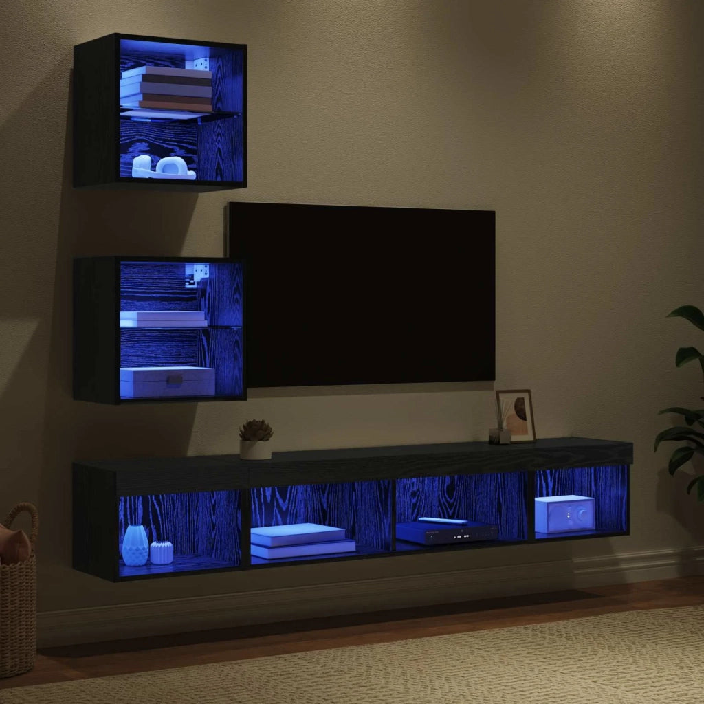 Unità a muro per TV con LED 5 pcs Rovere Nero Legno multistrato