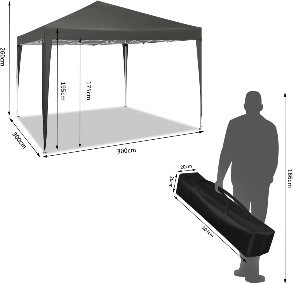 Gazebo da Giardino Richiudibile 3x3m Gazebo da Esterno in Ferro Regolabile in Altezza Tendone Pieghevole, Protezione Solare, Facile da Montare Grigio