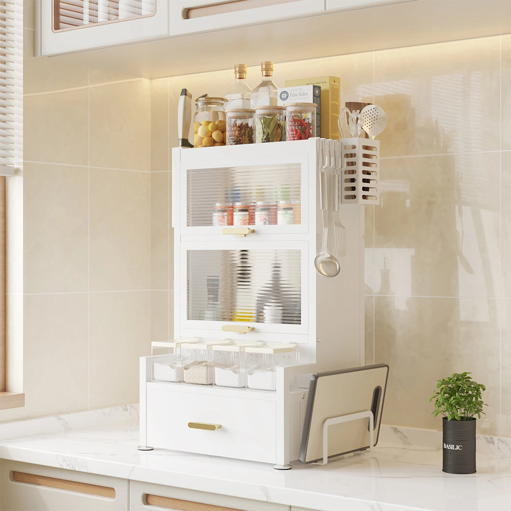 Scaffale Scaffalatura Credenza in Metallo con Doppia Vetrinetta e Cassetto Bianco