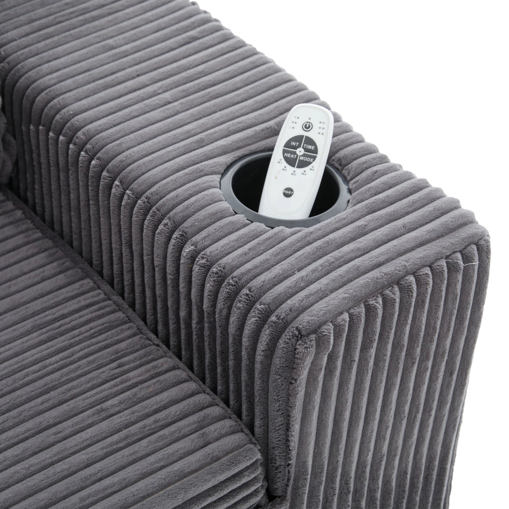 Divano pouf 151x133x64 cm con tasche laterali e 2 cuscini in velluto a coste grigio