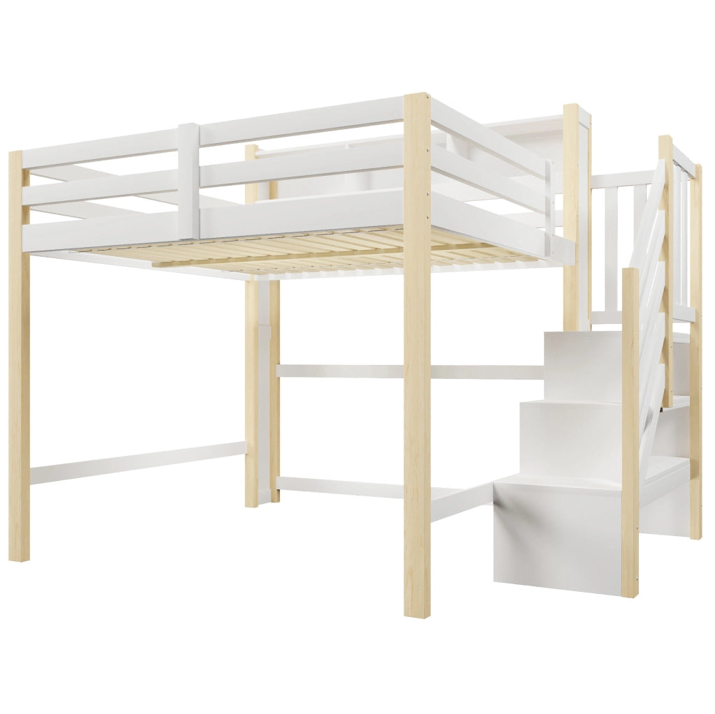 Letto a soppalco 140x200 cm con LED; scala contenitore e ringhiera; bianco e naturale