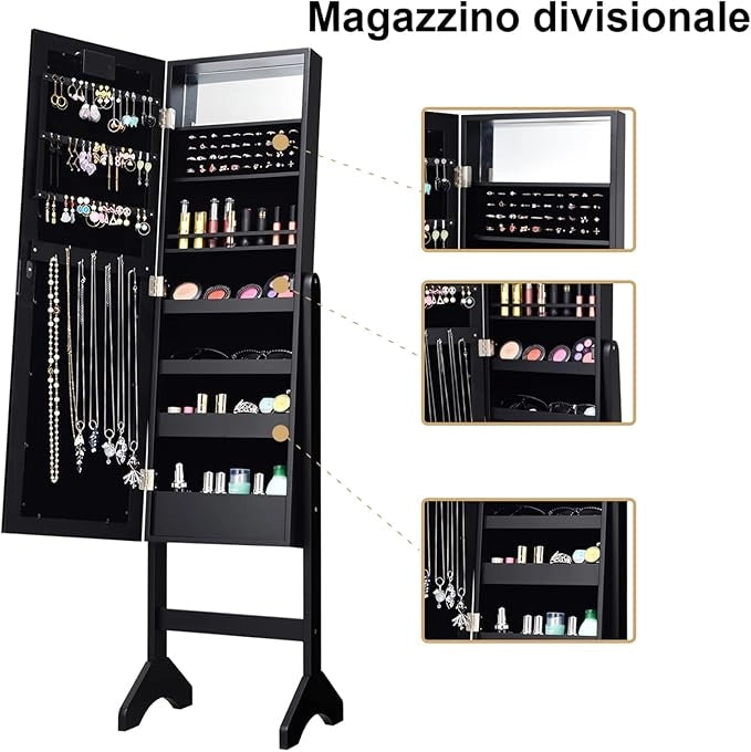 Portagioie Armadietto Specchiera con 18 Luci LED, Specchio a Figura Intera, Organizer per Gioielli Moderno Elegante, 145x35x31,5cm (Nero)