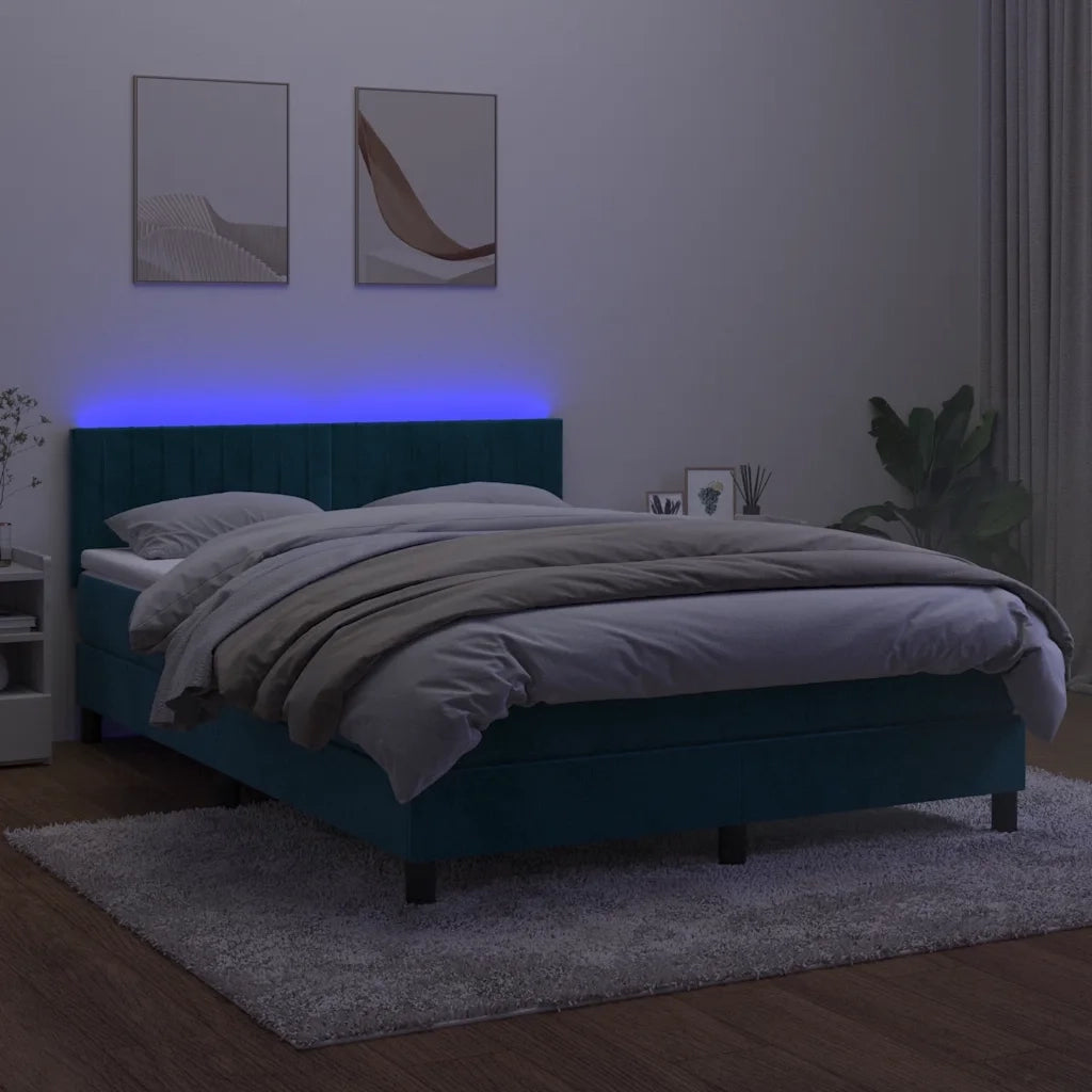 Letto a Molle con Materasso e LED Blu Scuro 140x200 cm