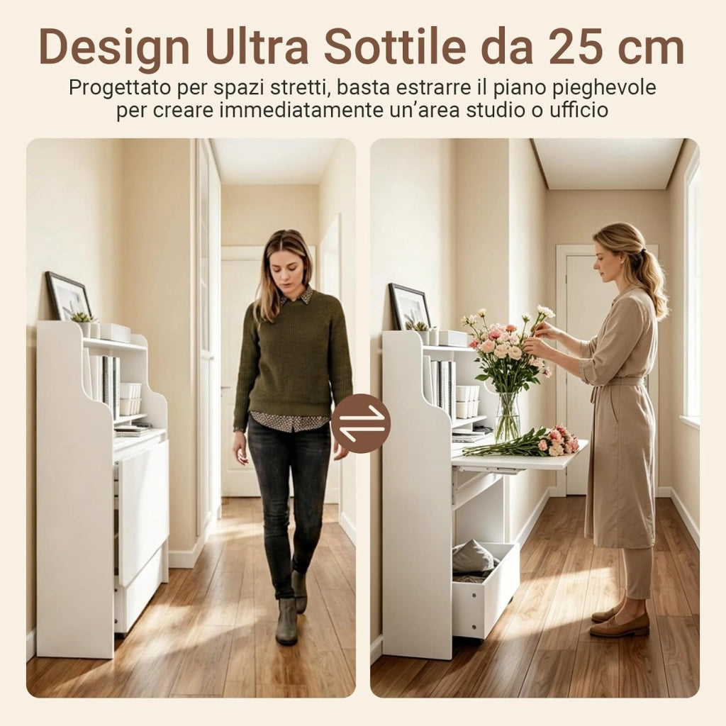 Scrivania Pieghevole a Muro Scrivania Salvaspazio Richiudibile con Scatola Portaoggetti con Ruote Tavolo Pieghevole Bianco 64x63x100,6 cm FWT105-II-W