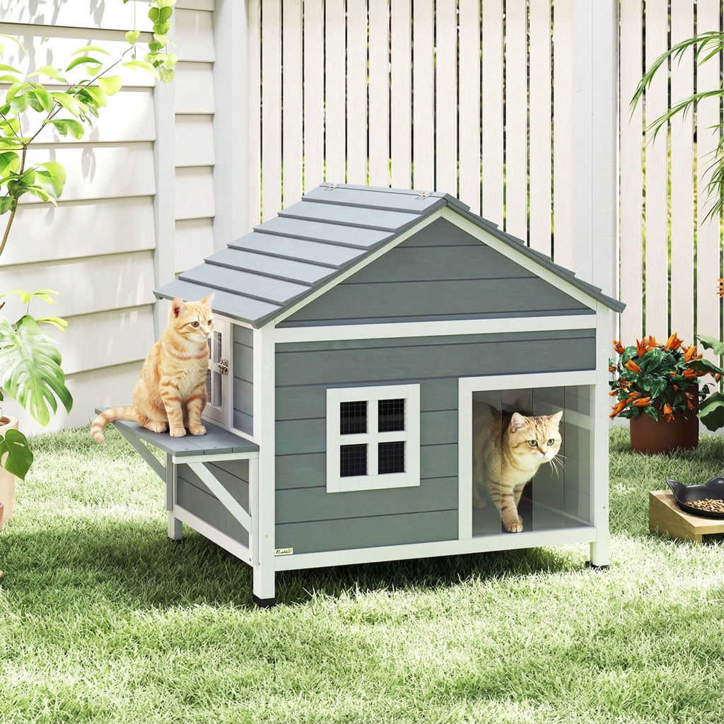 Casetta per Gatti 2 Piani ¨C Xylo ¨C Legno Grigio Tetto Impermeabile 101x72,5x81cm