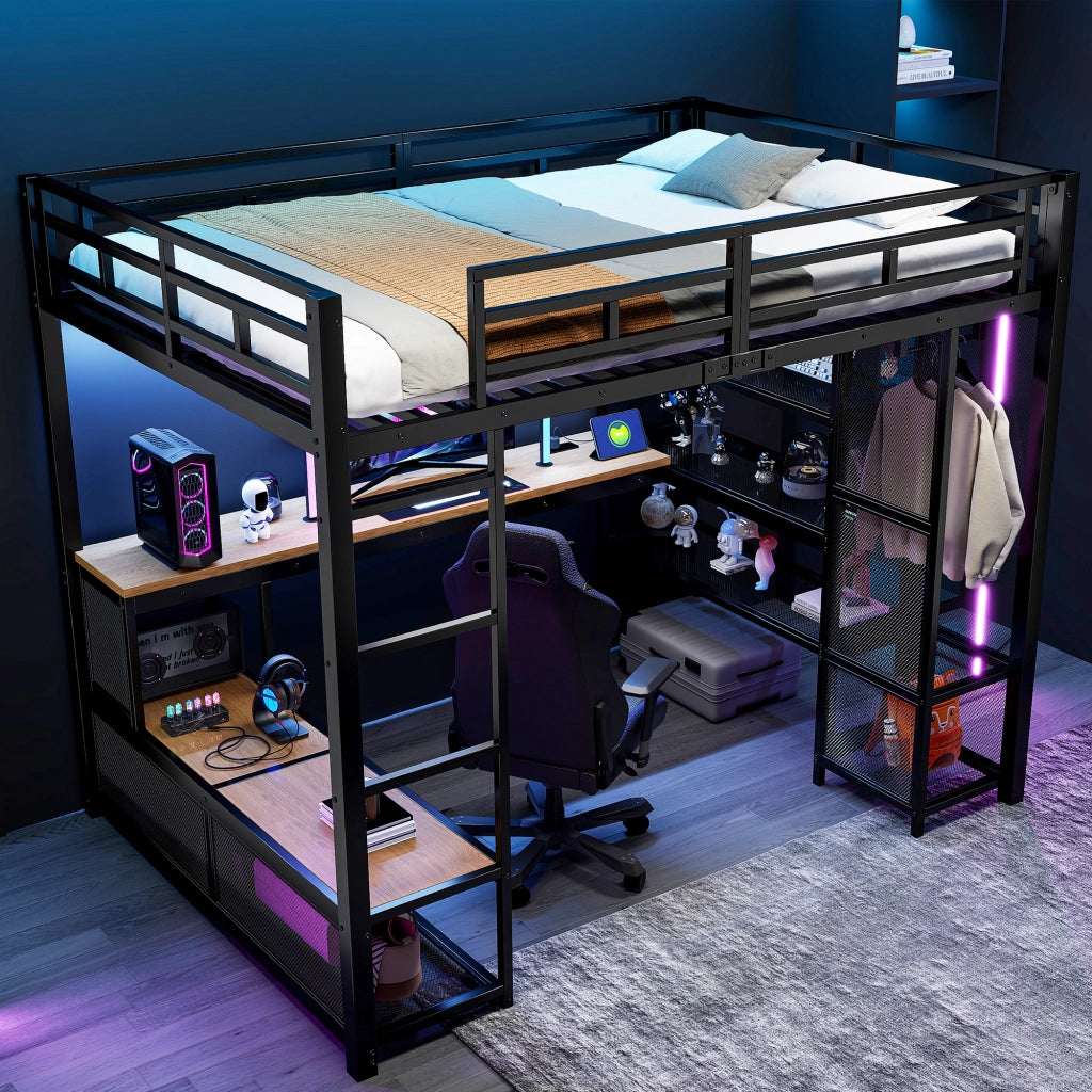 LETTO a soppalco con scrivania e scaffali 140x200 cm in metallo e MDF nero
