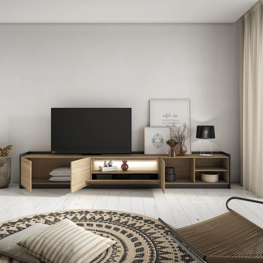 Mobile TV Soggiorno, 310x50x37 cm, Per TV fino a 80", LED, Rovere e nero