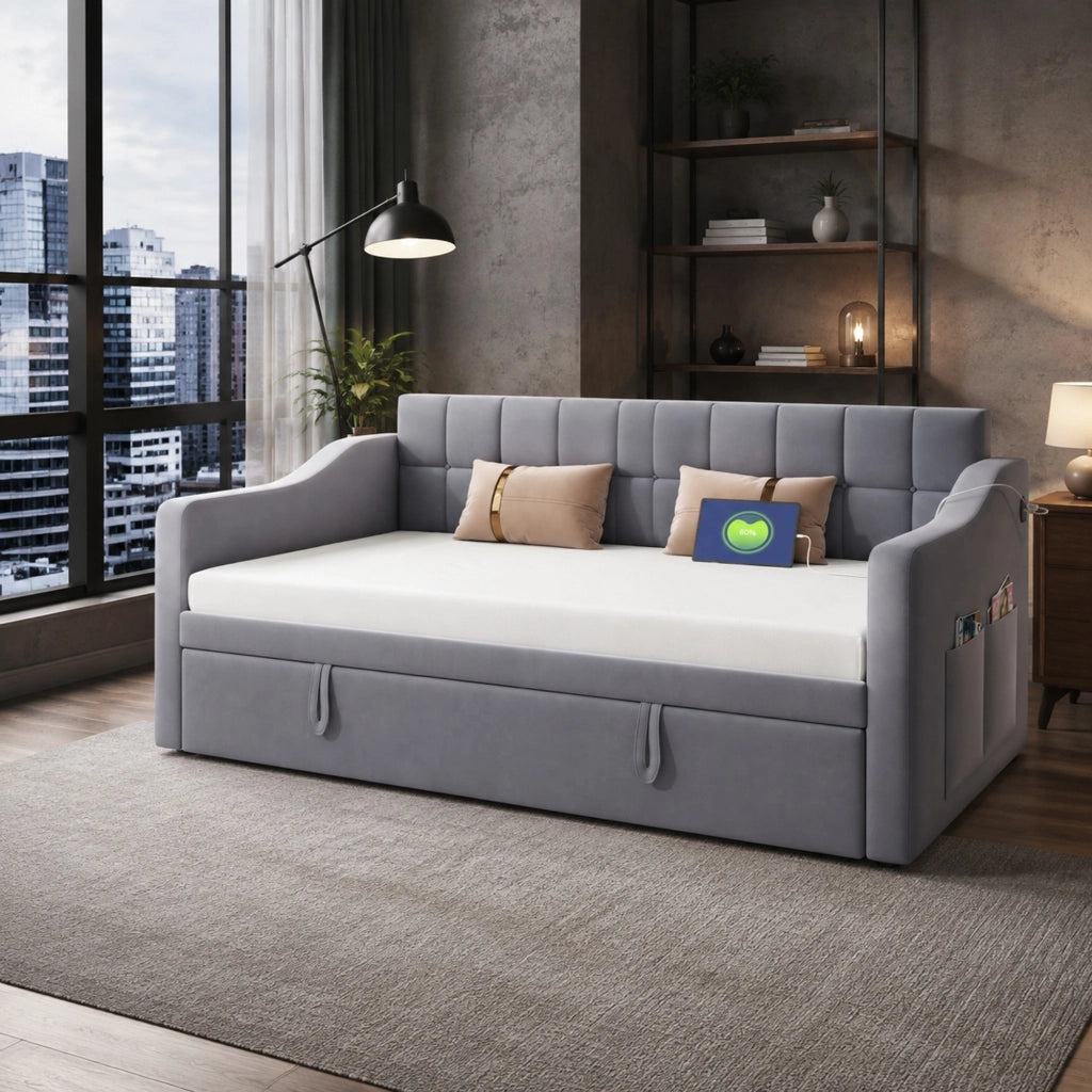 DESMIU Divano Letto 90 × 190 cm 1 posto con USB e vano portaoggetti, senza materasso, in velluto grigio