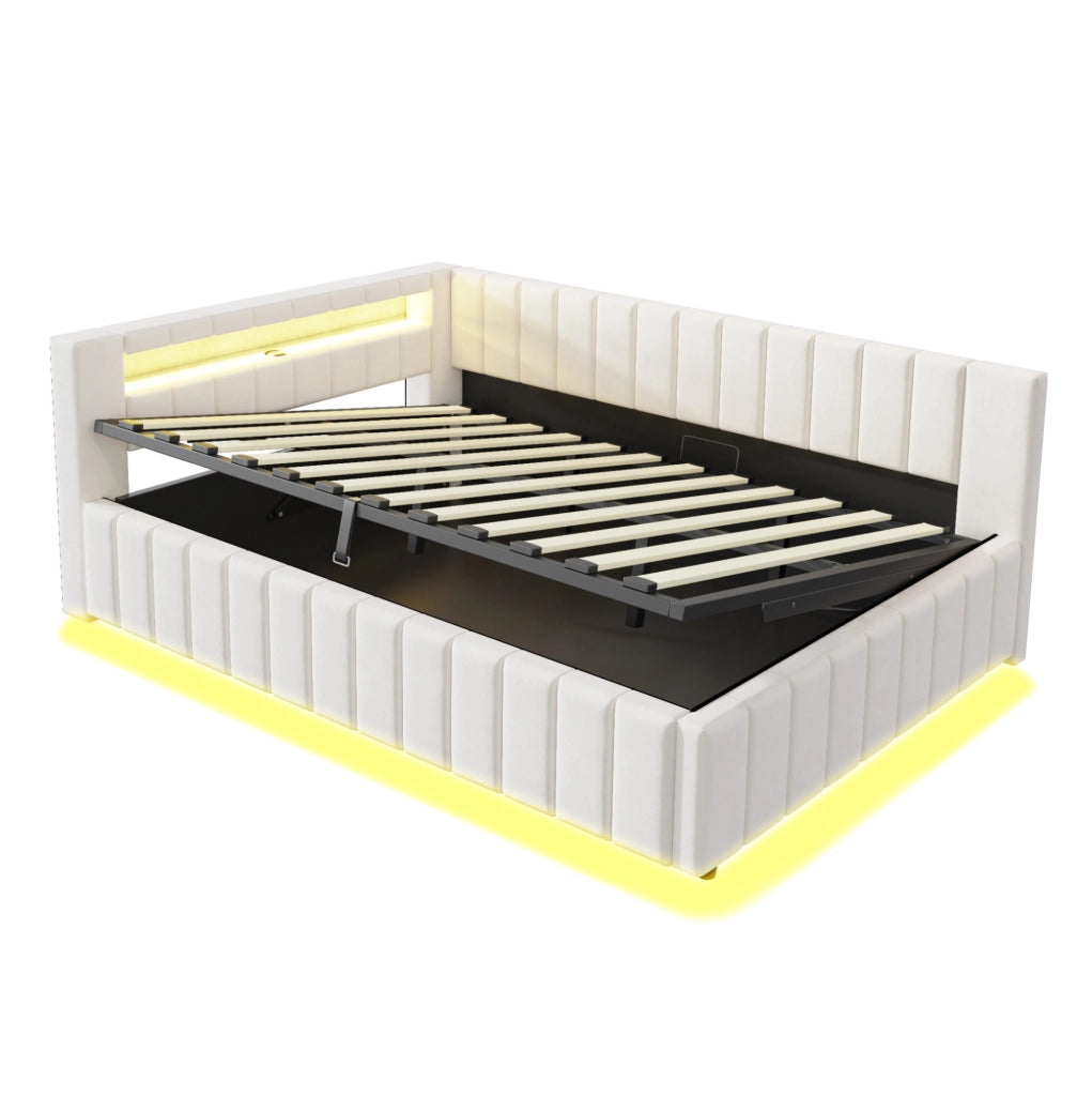 Letto imbottito 140x200 cm; contenitore idraulico; LED e USB; velluto; beige (Senza materasso)