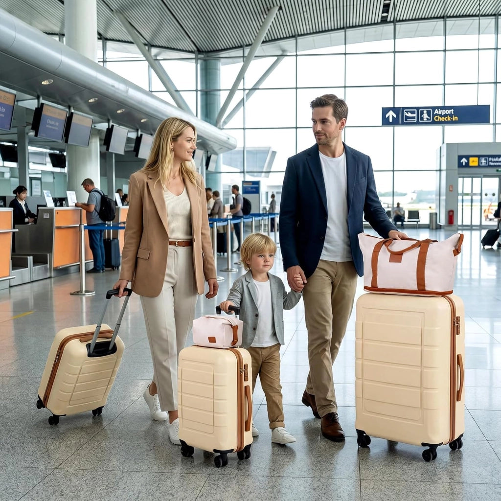 Set di 5 Pezzi Valigie da Viaggio, Set 3 Valigie Rigide in ABS (28”/24”/20”con 1 Bagaglio a Mano e 1 Borsetta, Lucchetto a Codice, Manico Telescopico e Ruote Girevoli, Trolley da Cabina (Beige)