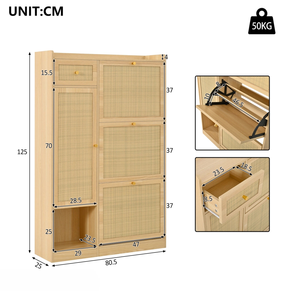 Scarpiera slim naturale con 3 ribalte, cassetto e vano laterale