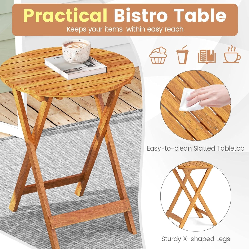 Set da Giardino 2 Posti in Legno di Acacia, Tavolo da Giardino Esterno con Sedia Pieghevole, 2 Cuscini Rimovibili, per Terrazza, Balcone, Bistrot (Grigio + Naturale)