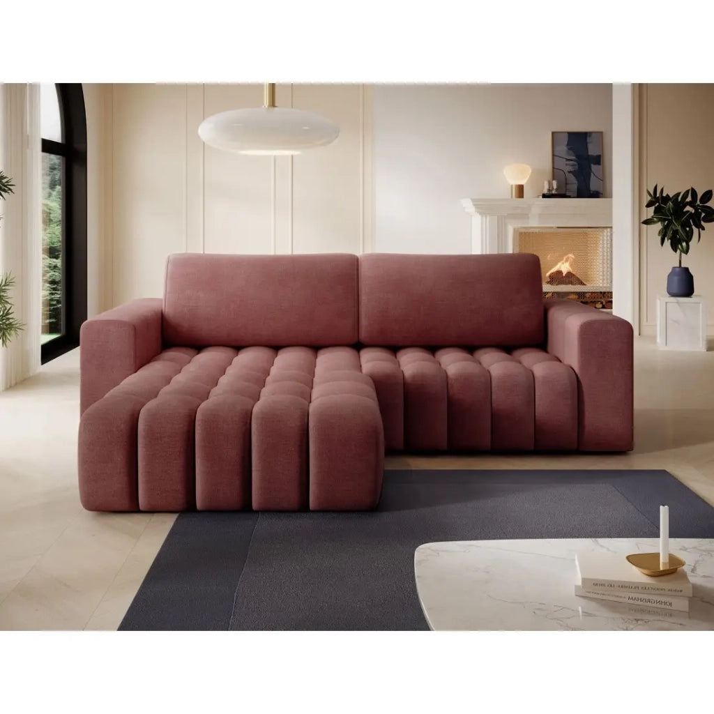 Divano angolare convertibile DORY rosa 250 cm con contenitore angolo sinistro
