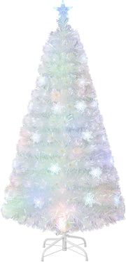 Albero di Natale Pre-illuminato in Fibra Ottica 120/150/180/210 cm, Albero di Natale Bianco con Foglie Iridescenti, Luci a LED a Fiocco di Neve Multicolore, Luce Superiore a Stella (150 CM)
