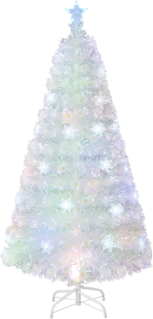 Albero di Natale Pre-illuminato in Fibra Ottica 120/150/180/210 cm, Albero di Natale Bianco con Foglie Iridescenti, Luci a LED a Fiocco di Neve Multicolore, Luce Superiore a Stella (150 CM)