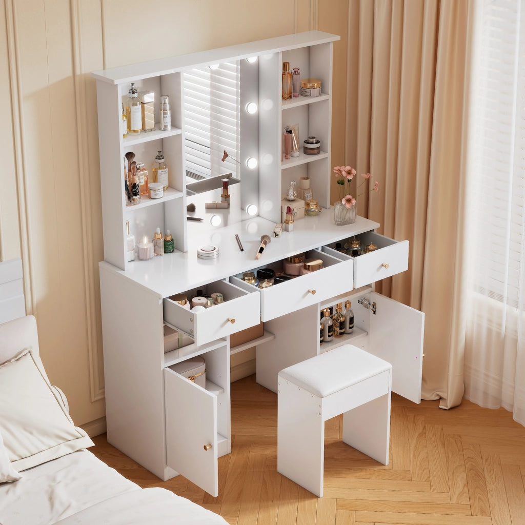 Tavolo da trucco con specchio e LED regolabili, 3 cassetti, 2 ante e 4 ripiani aperti, bianco, 110 x 40 x 151 cm