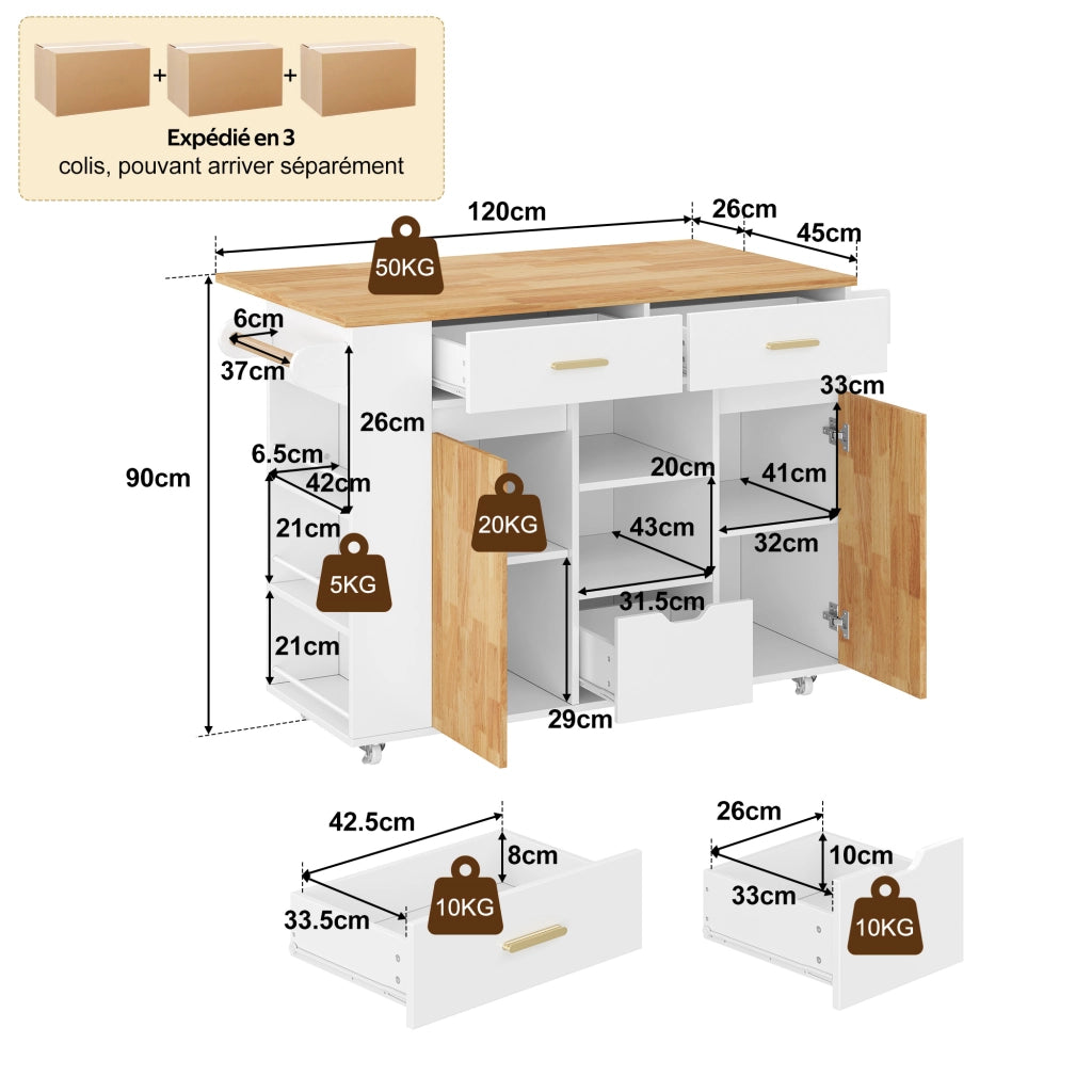 Isola da cucina mobile con piano ribaltabile e ruote bloccabili in MDF bianco