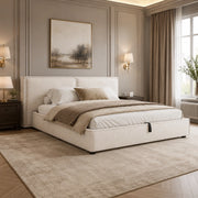 Letto matrimoniale 180x200 cm con contenitore idraulico, rete a doghe, testiera imbottita in Chenille beige