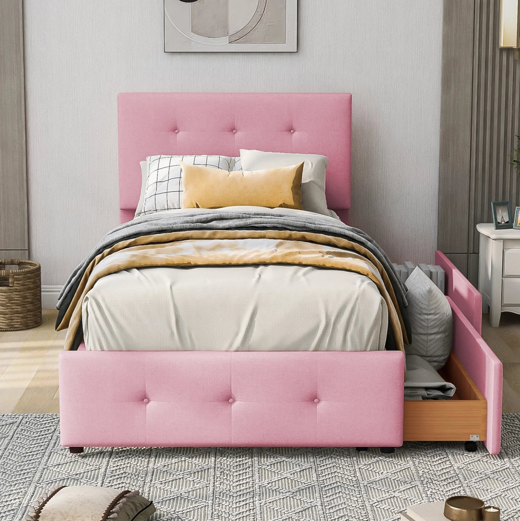 Letto imbottito 90x200 cm con rete a doghe; testiera e cassetto; velluto rosa
