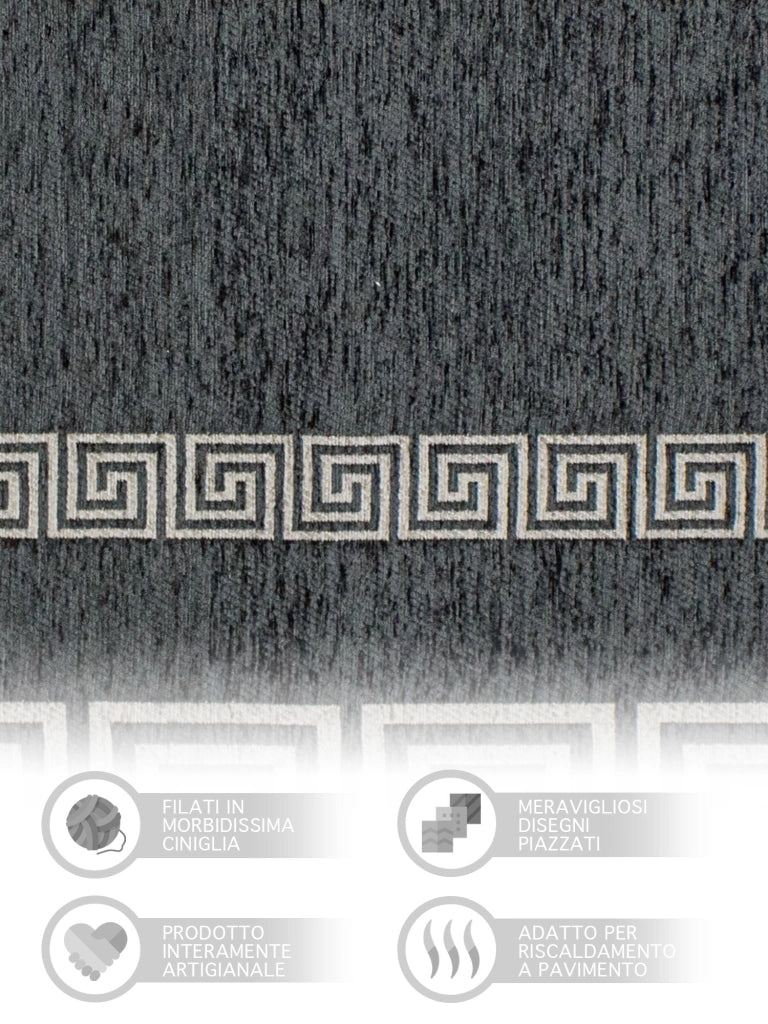 Tappeto Arredo Moderno Morbido in Ciniglia Ingresso Antiscivolo Prodotto Italiano  Soggiorno Camera Salotto Disegni Piazzati Cotone Varie Misure Grande Atena/Antracite - 65x300 cm