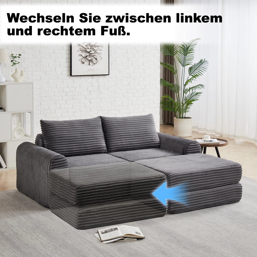 Divano letto modulare in velluto a coste con chaise longue rimovibile e braccioli curvi grigio per soggiorno e relax
