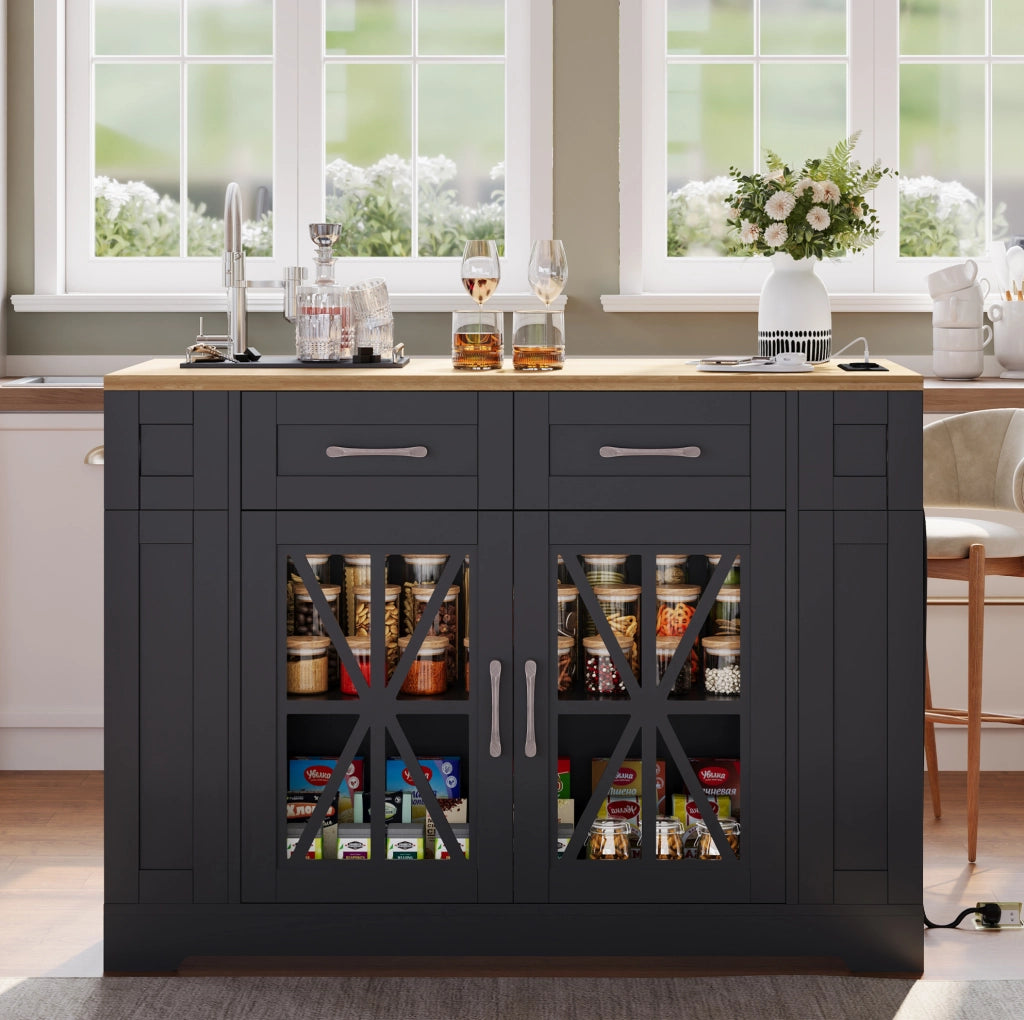 Isola cucina mobile con piano ribaltabile 120x40(65) cm in MDF nero e naturale