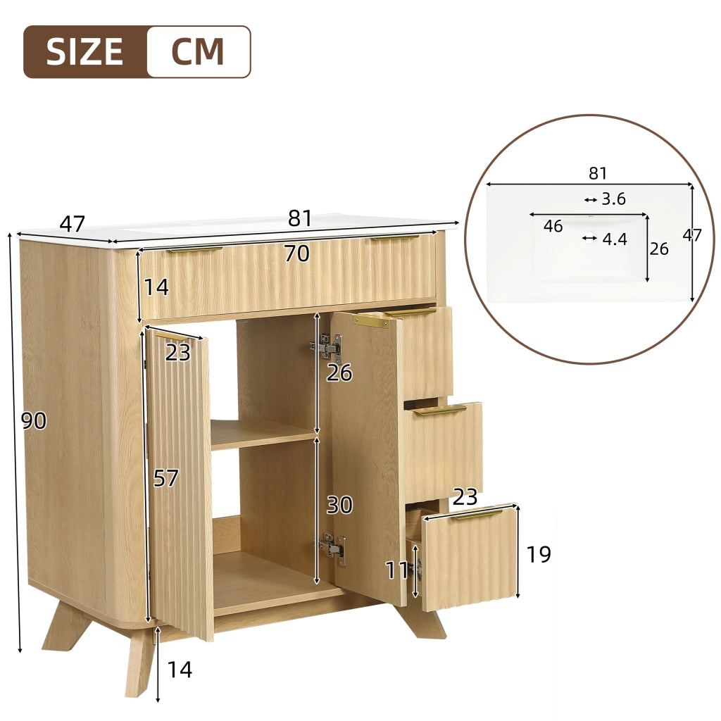 Mobile da bagno con 3 cassetti e 2 ante; lavabo in ceramica - per bagno - 81x47x90 cm - naturale