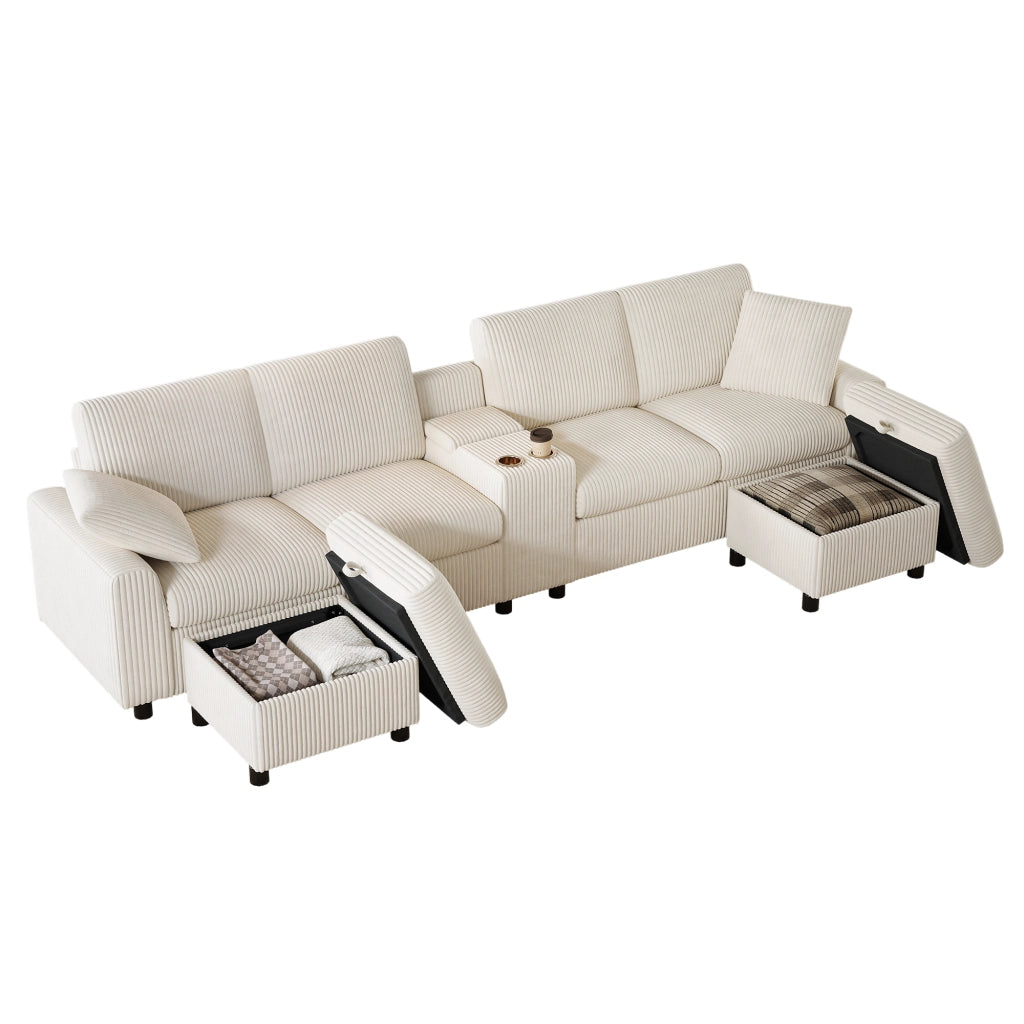 Divano U in tessuto boucl¨¦ beige con 2 pouf contenitore, tavolino laterale, porte USB e prese di corrente, 315¡Á135¡Á81 cm
