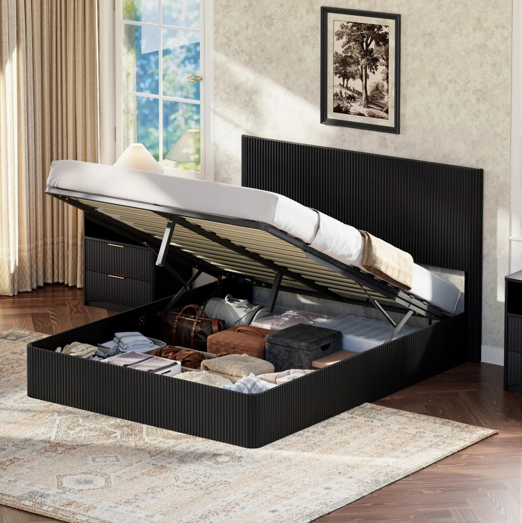 Letto con contenitore 160x200 cm con sollevamento idraulico in MDF e metallo nero