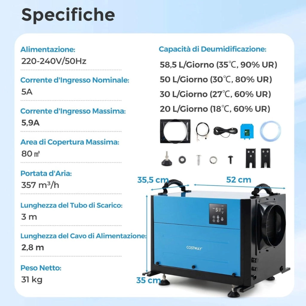Deumidificatore per spazi ristetti commerciale con 3 modalit¨¤ e timer 24h, Deumidificatore per cantine Blu