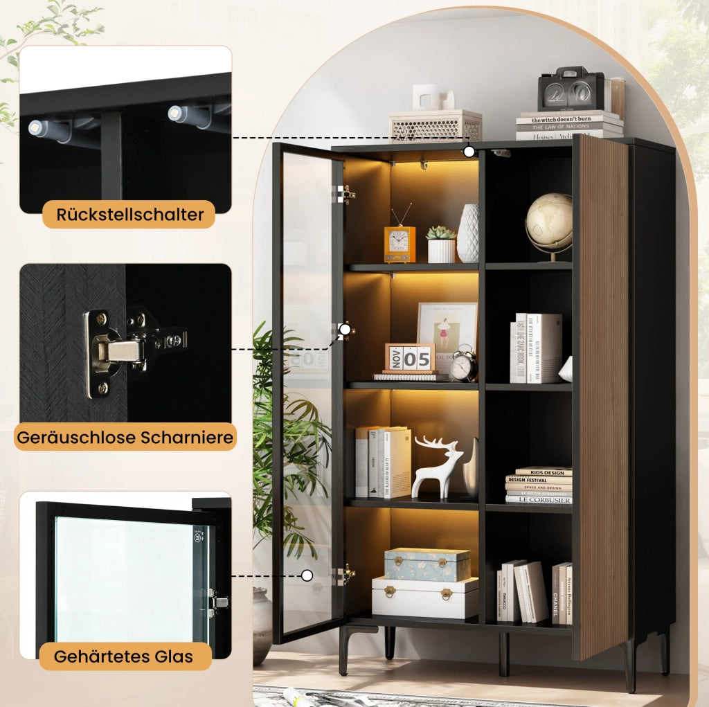 Mobile vetrina alto 90x40x135 cm con LED RGB; 2 ante; MDF nero e naturale