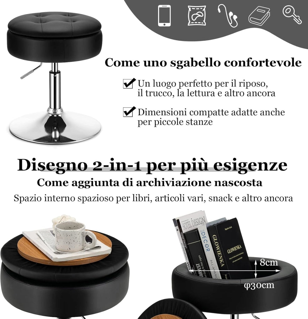 Sgabello Girevole Altezza Regolabile con Portaoggetti, Poggiapiedi Sgabelli da Trucco, Tavolino da Caffè, Sgabello da Lavoro Rotondo in Finta Pelle per Bar, Ufficio, Soggiorno, Camera (Nero)