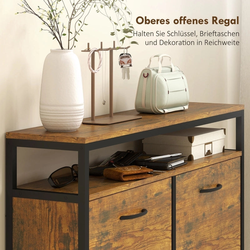 Scarpiera con 4 ante ribaltabili e ripiano aperto, stile industriale, per ingresso, in legno, 98 × 24 × 95 cm