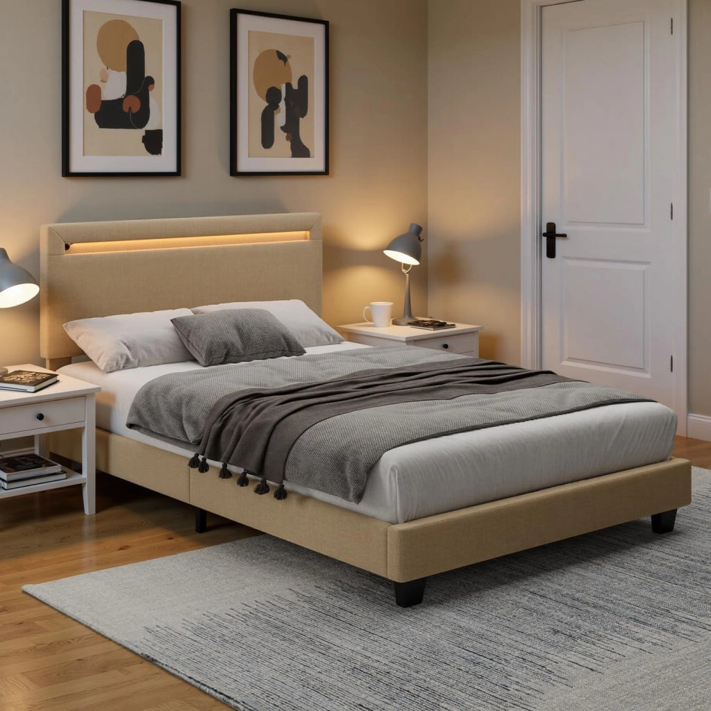 Letto imbottito 120x200cm con luce LED, Letto a piattaforma imbottito, Struttura in ferro, Testiera imbottita, Bse robusta, Adatto per camere degli ospiti (Beige)