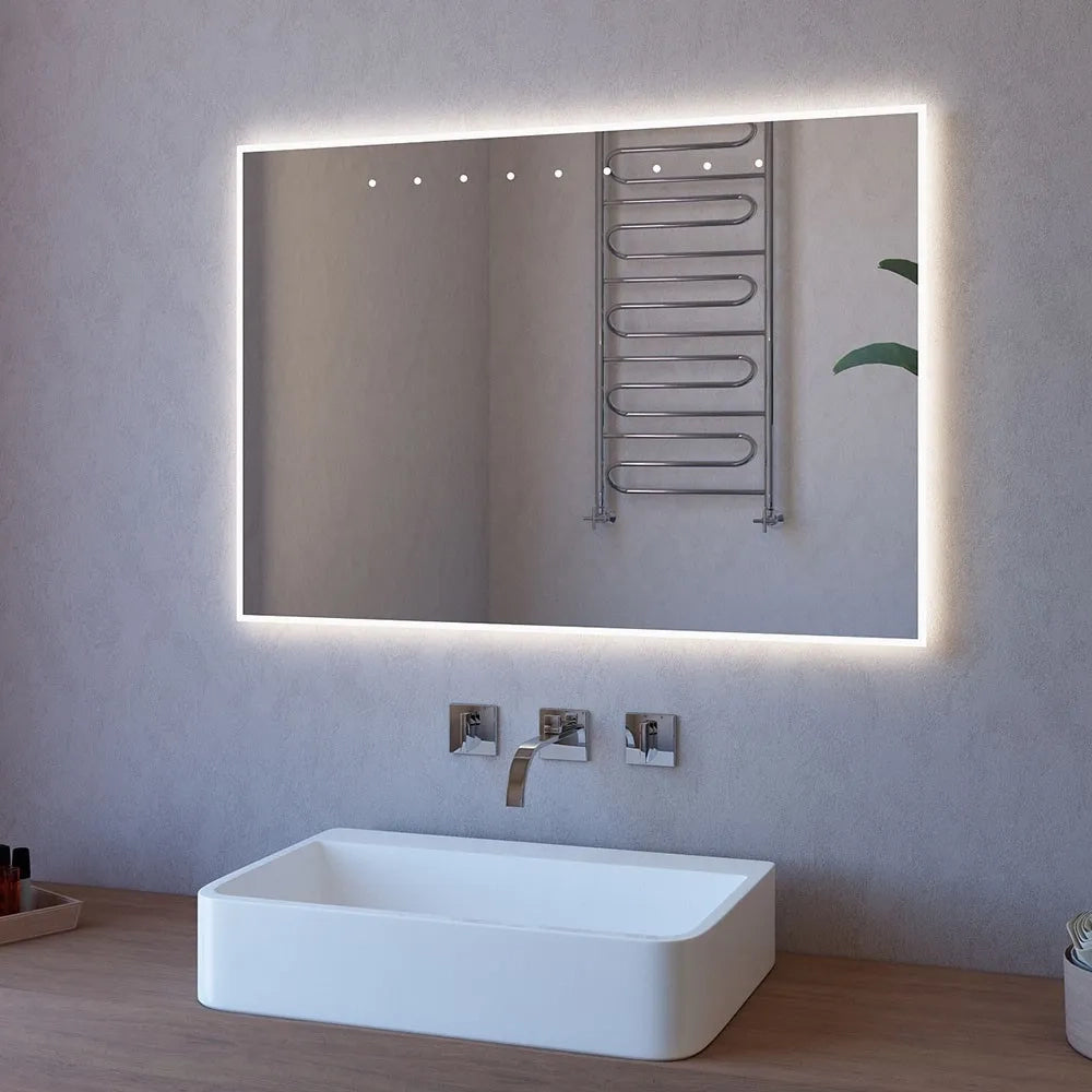 Specchiera LED 100x70 con punti superiori sabbiati e illuminazione perimetrale