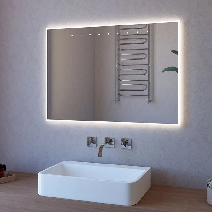 Specchiera LED 100x70 con punti superiori sabbiati e illuminazione perimetrale