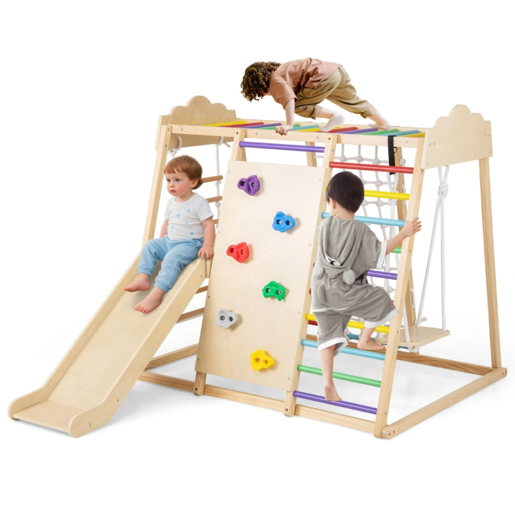 Palestra da interno 8-in-1 con scivolo rimovibile, Giocattoli da arrampicata in legno per bambini 3+ anni Multicolore-Arrampicate e scivoli