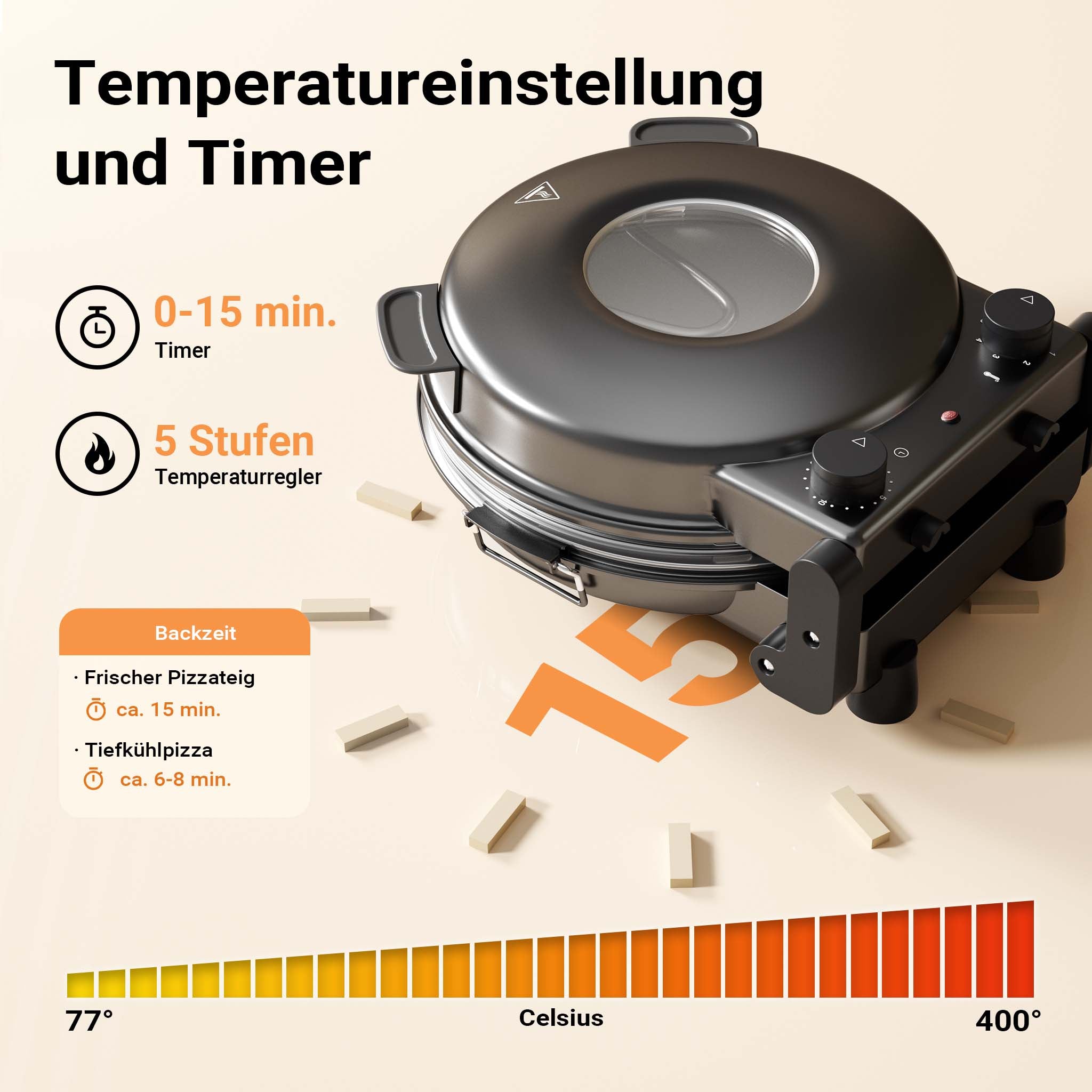 Forno pizza elettrico Ø32cm max 400°, con pietra refrattaria, vetro di controllo e timer